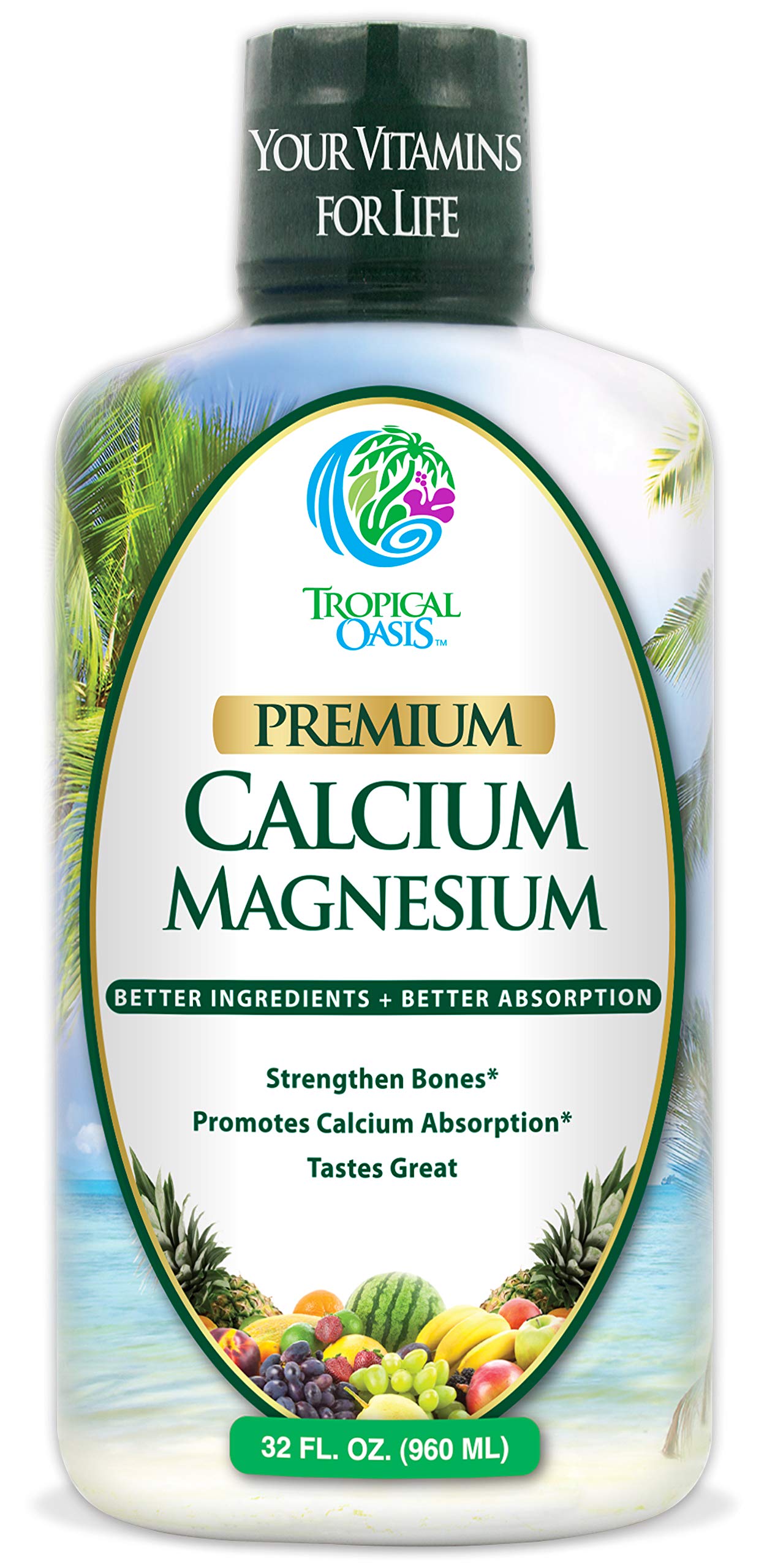 Tropical Oasis bottle with liquid calcium magnesium for easy daily use