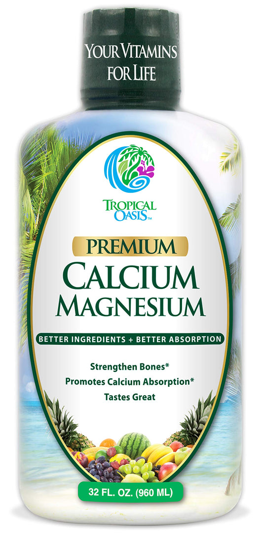 Tropical Oasis bottle with liquid calcium magnesium for easy daily use