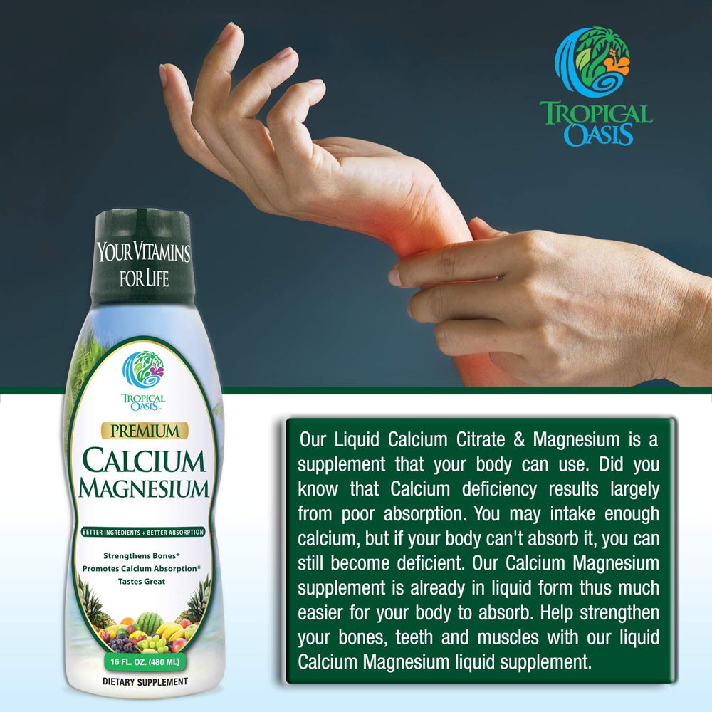 Tropical Oasis calcium magnesium glass bottle highlights premium packaging and reusable design.