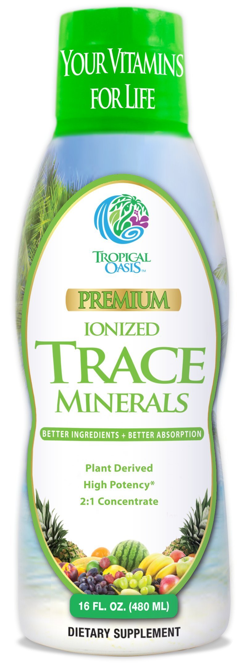 Tropical Oasis ionized trace minerals bottle for daily wellness support and easy dosing.