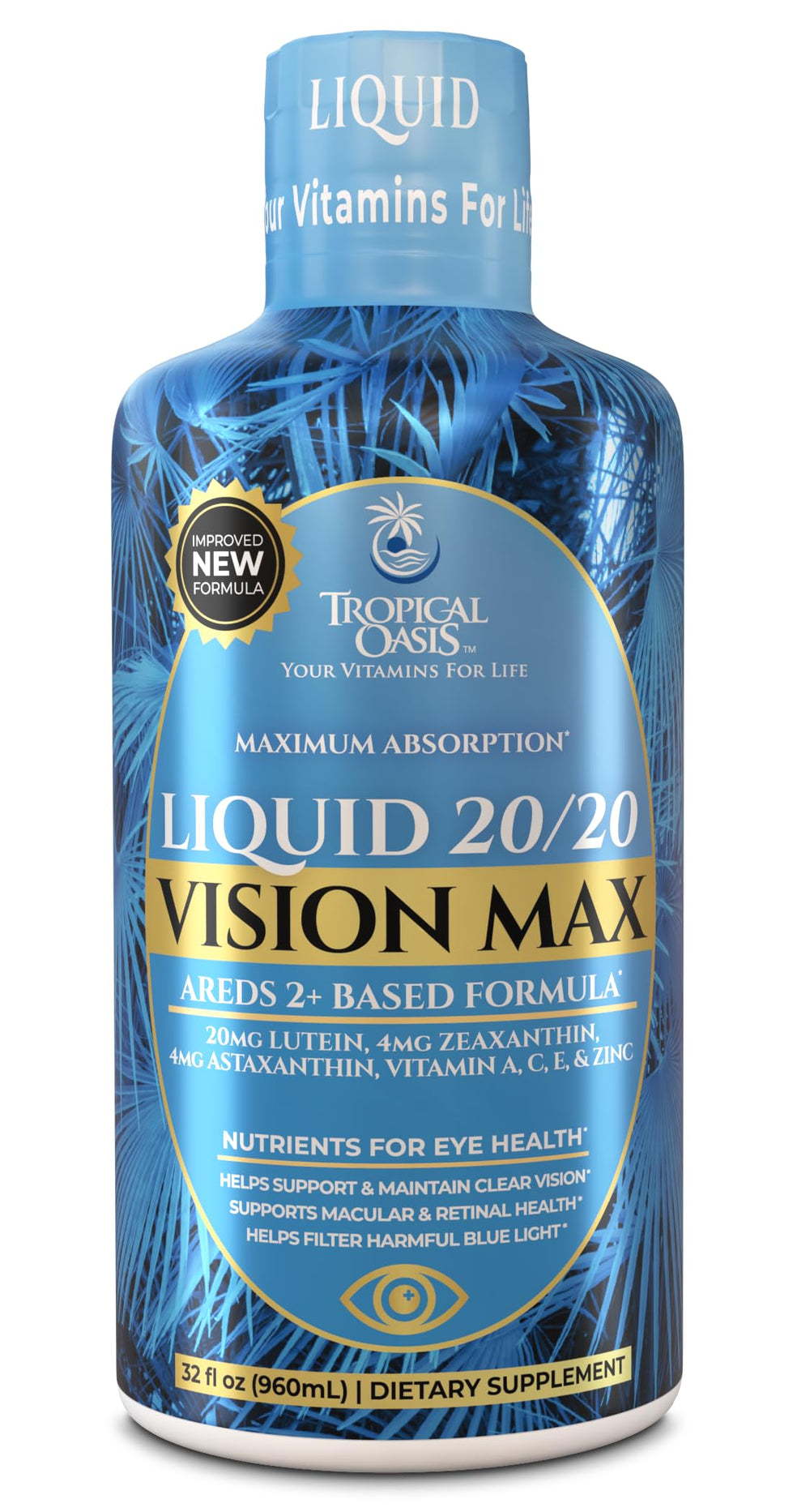 Tropical Oasis Liquid 20/20 Vision bottle for easy daily eye support.