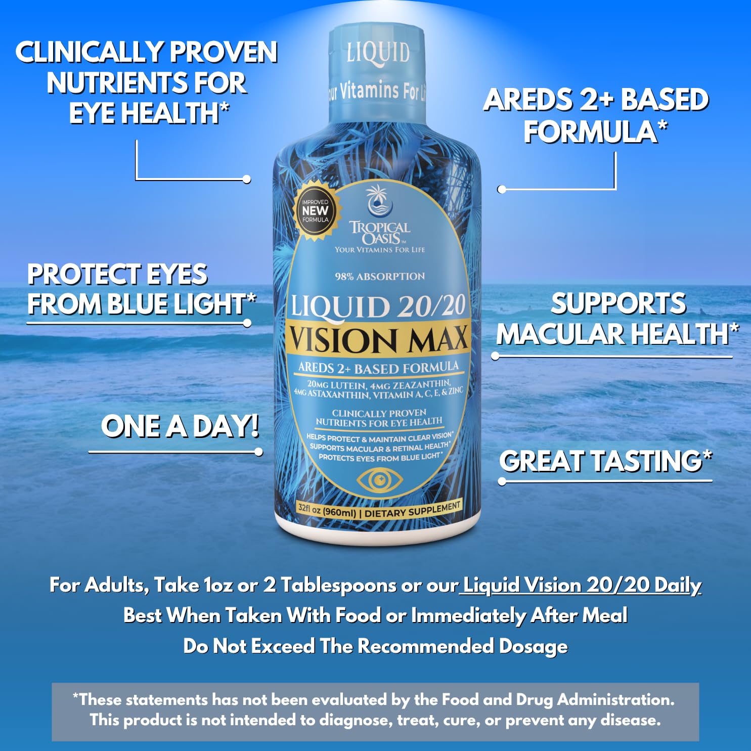 Tropical Oasis Liquid 20/20 Vision label highlights lutein, zeaxanthin, and astaxanthin.