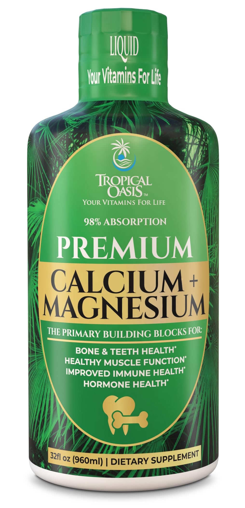 Tropical Oasis Liquid Calcium Magnesium bottle highlighting 98% absorption for stronger bones.