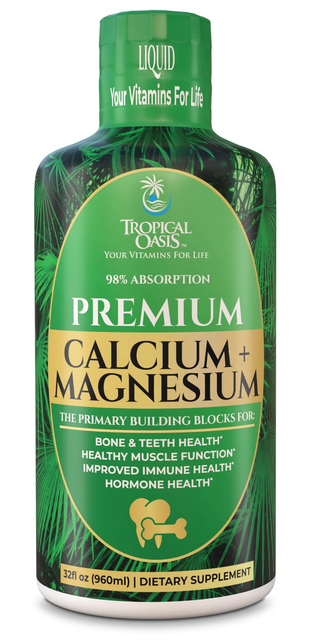 Tropical Oasis Liquid Calcium Magnesium bottle highlighting 98% absorption for stronger bones.