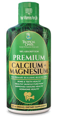 Tropical Oasis Liquid Calcium Magnesium bottle highlighting 98% absorption for stronger bones.