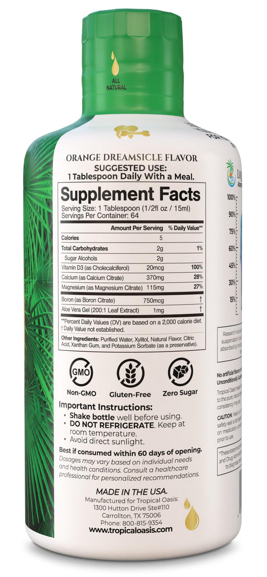 Tropical Oasis calcium magnesium dosage scoop emphasizes easy 1-a-day serving.