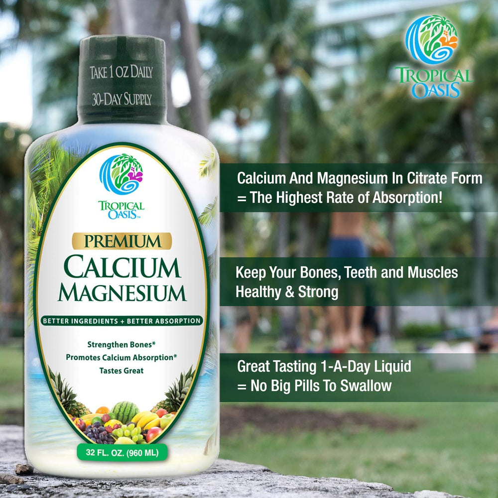 Label closeup on Tropical Oasis showing calcium, magnesium, vitamin D for bone support