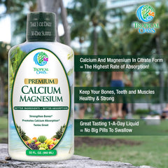 Label closeup on Tropical Oasis showing calcium, magnesium, vitamin D for bone support