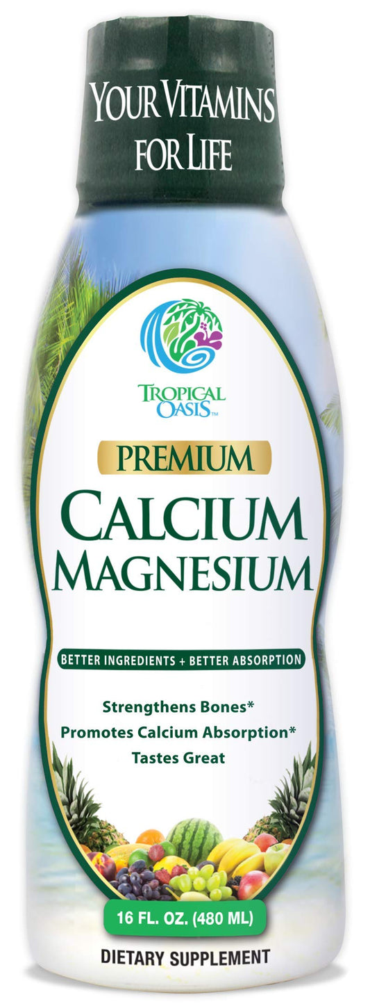 Tropical Oasis liquid calcium magnesium orange bottle promotes easy dosing and flavor appeal.