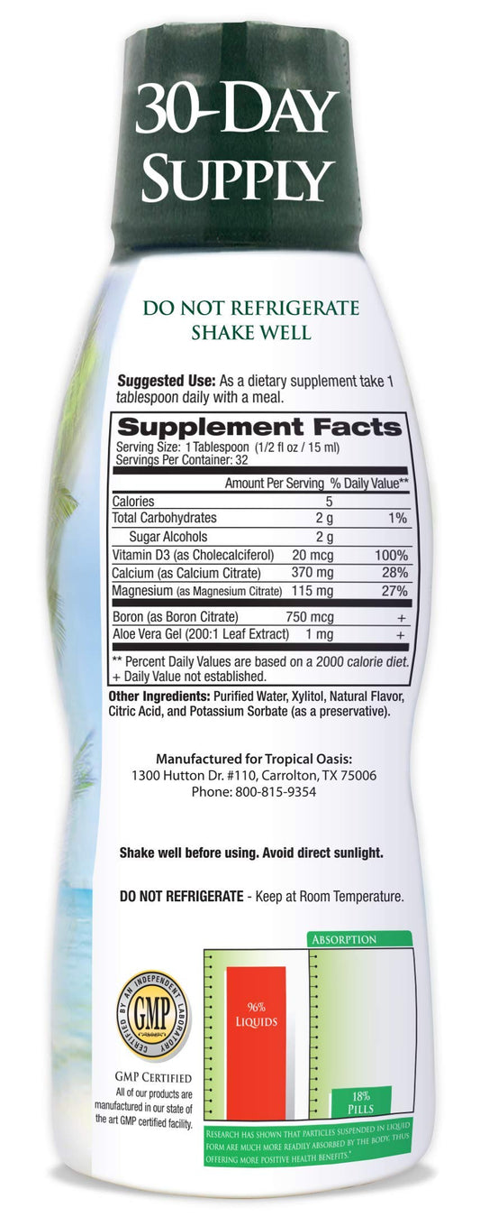 Tropical Oasis liquid calcium magnesium pour demonstrates convenient dispensing for daily support.
