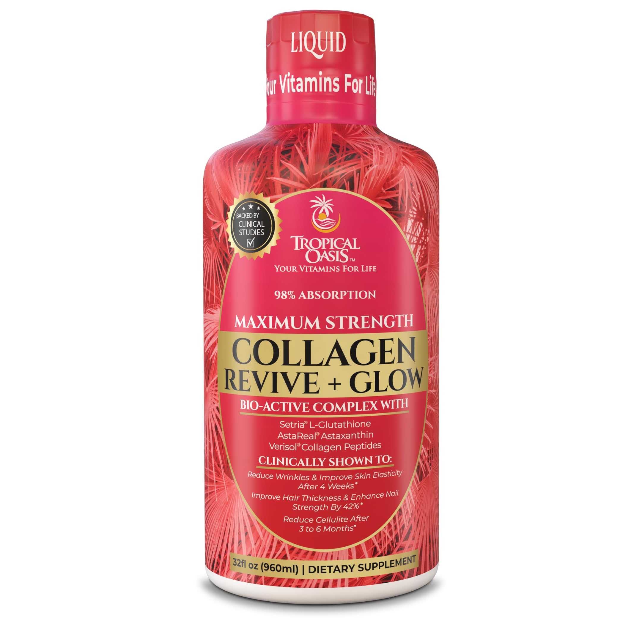 Tropical Oasis Liquid Collagen Glow bottle closeup highlighting VERISOL for skin benefits.