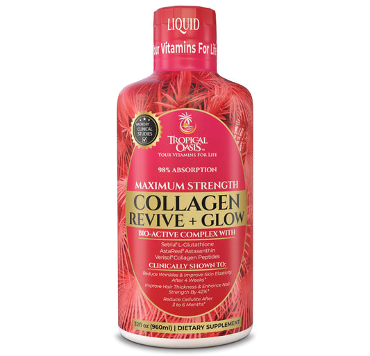 Tropical Oasis Liquid Collagen Glow bottle closeup highlighting VERISOL for skin benefits.