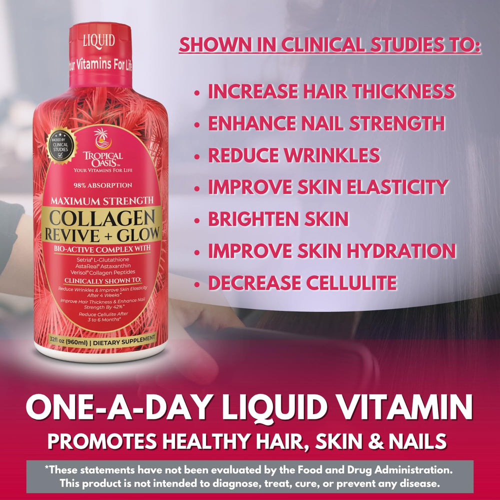 Tropical Oasis Liquid Collagen Glow ingredients panel showcasing collagen, biotin, and antioxidants.