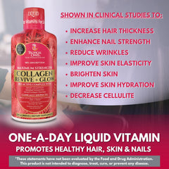 Tropical Oasis Liquid Collagen Glow ingredients panel showcasing collagen, biotin, and antioxidants.