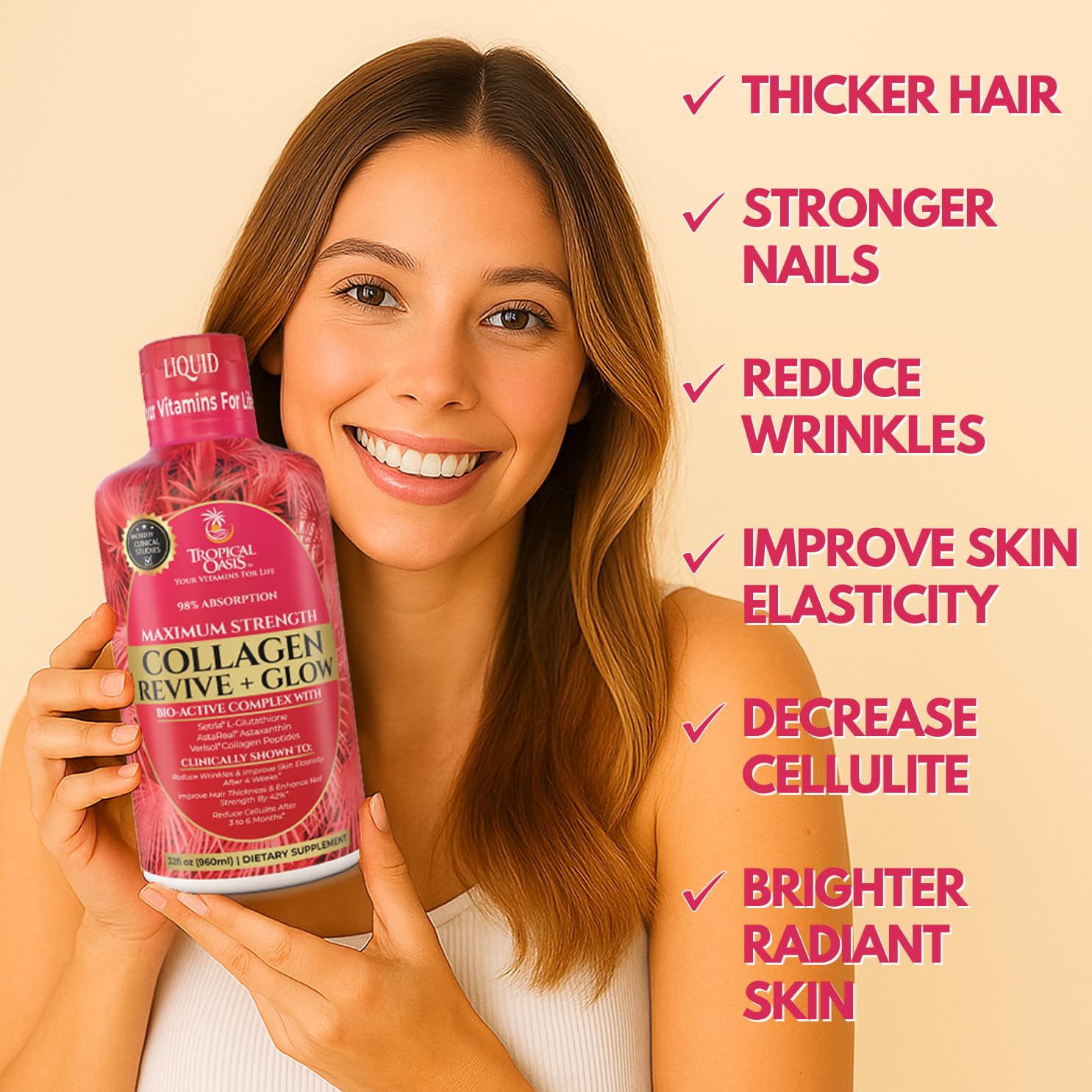 Tropical Oasis Liquid Collagen Glow label detail emphasizing non-GMO and allergen-free qualities.