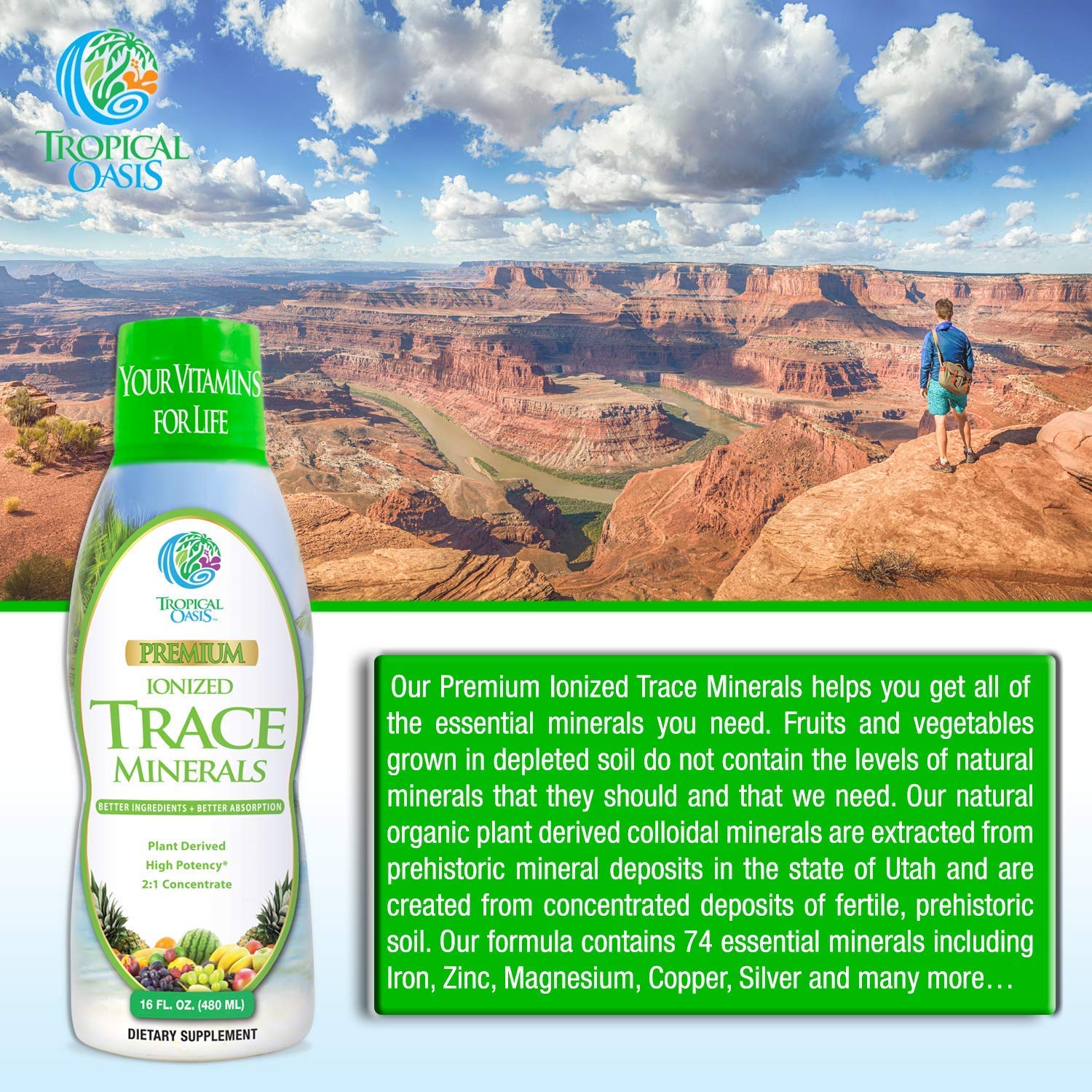 Tropical Oasis mineral formula bottle with clear labeling for quality.