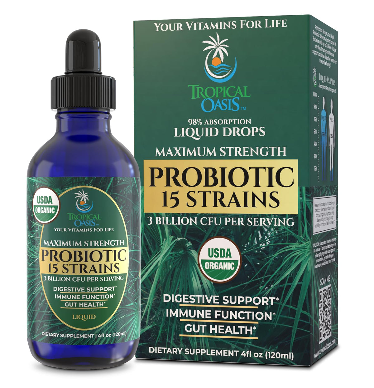 Tropical Oasis liquid probiotics bottle with drops for easy daily dosing