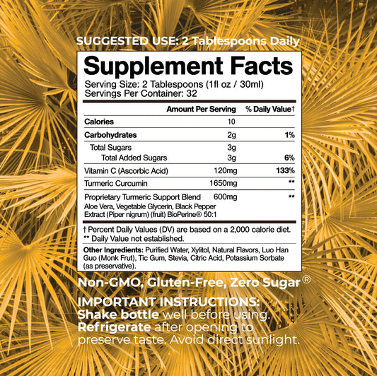 Pouring Tropical Oasis turmeric liquid demonstrates easy daily dosing and fast absorption.