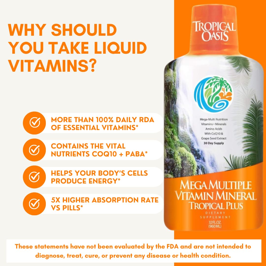 Tropical Oasis Mega Plus amino acids icons emphasize protein support.