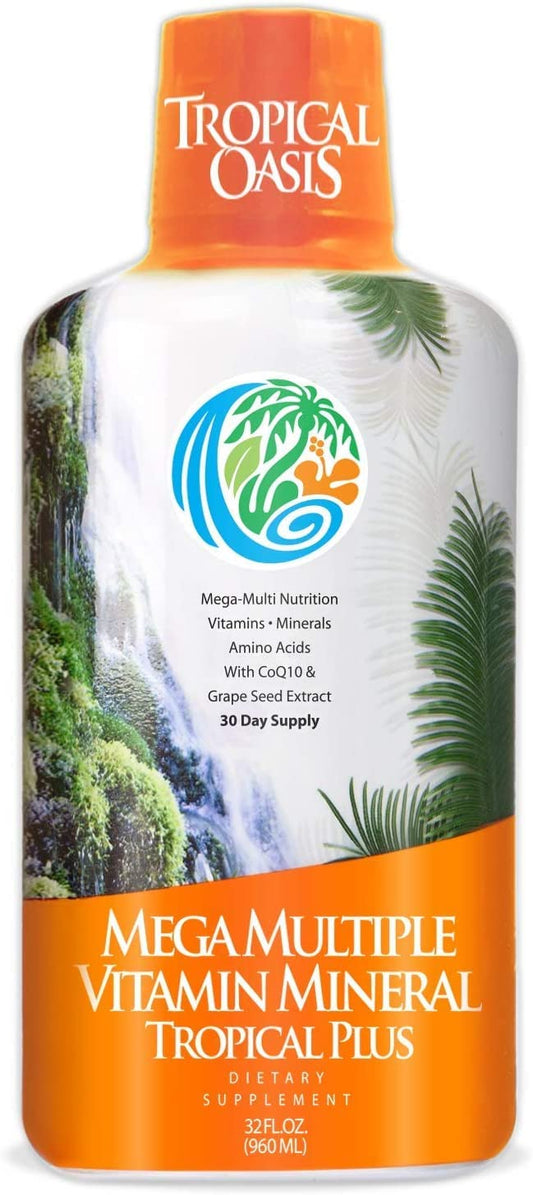 Tropical Oasis Mega Plus bottle front displaying complete daily nutrition.