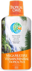 Tropical Oasis Mega Plus bottle front displaying complete daily nutrition.