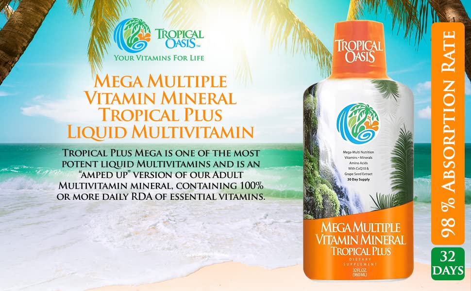 Tropical Oasis Mega Plus grape seed extract accent suggests antioxidant support.