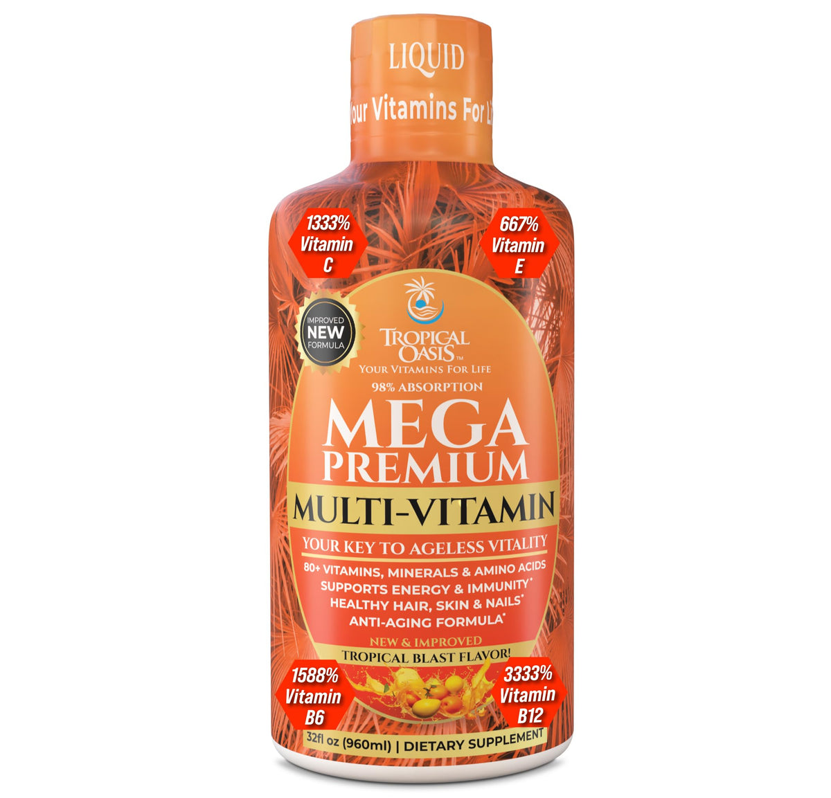 Tropical Oasis Mega Premium Multivitamin bottle showing strong daily immune support health benefits