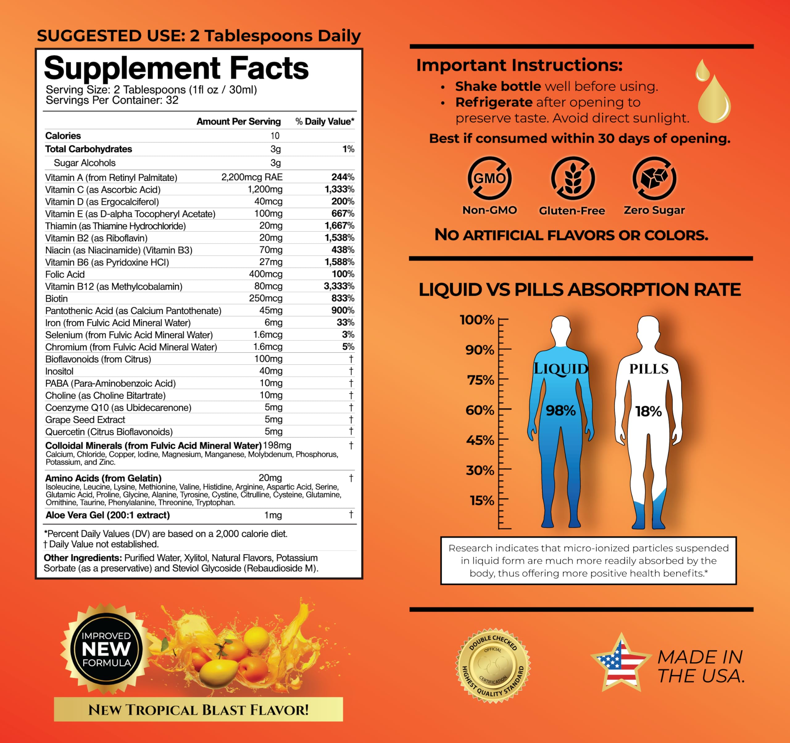 Tropical Oasis Mega Premium Multivitamin liquid pour for easy daily intake