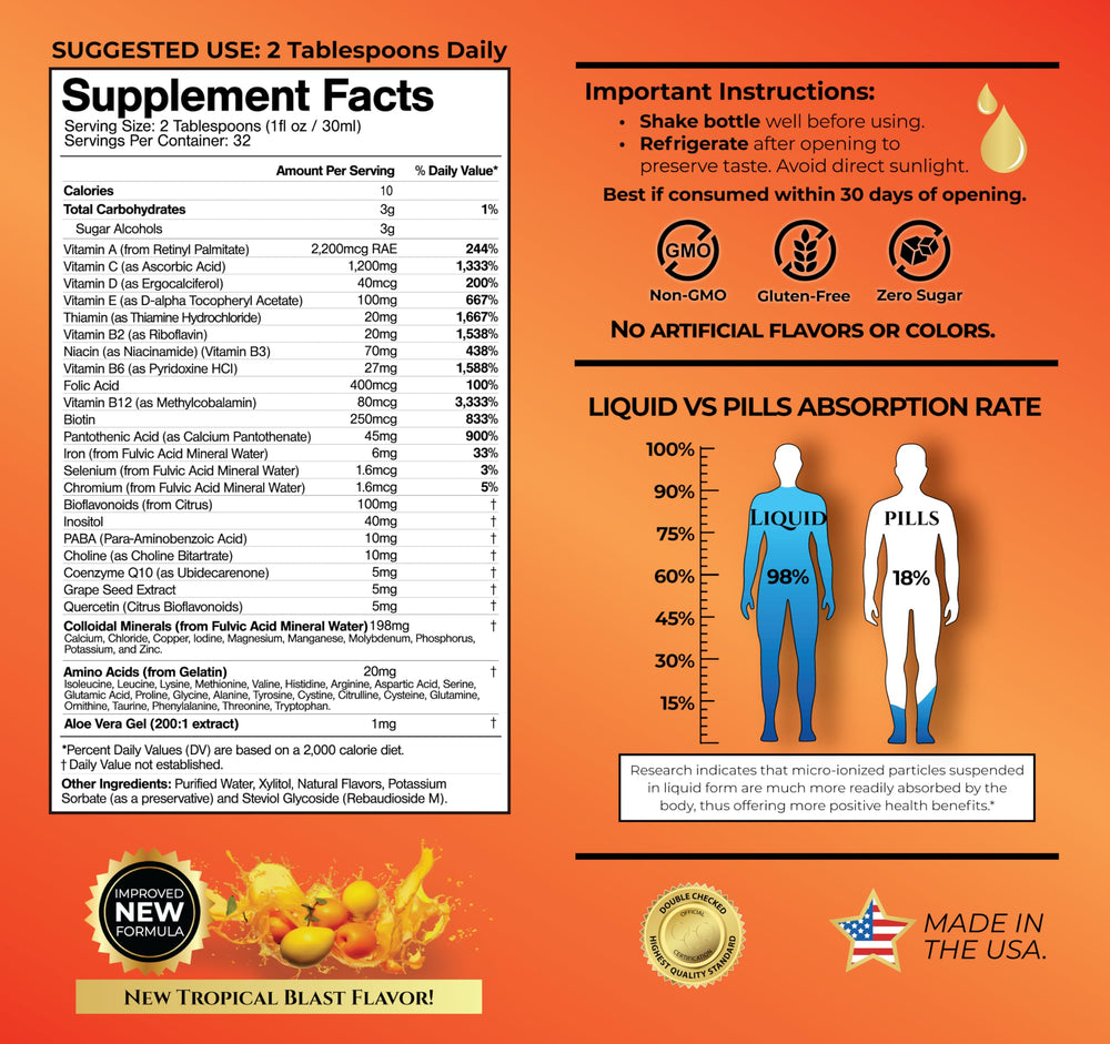 Tropical Oasis Mega Premium Multivitamin liquid pour for easy daily intake