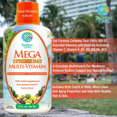 Tropical Oasis Mega Premium Multivitamin non-GMO seal signaling clean ingredients