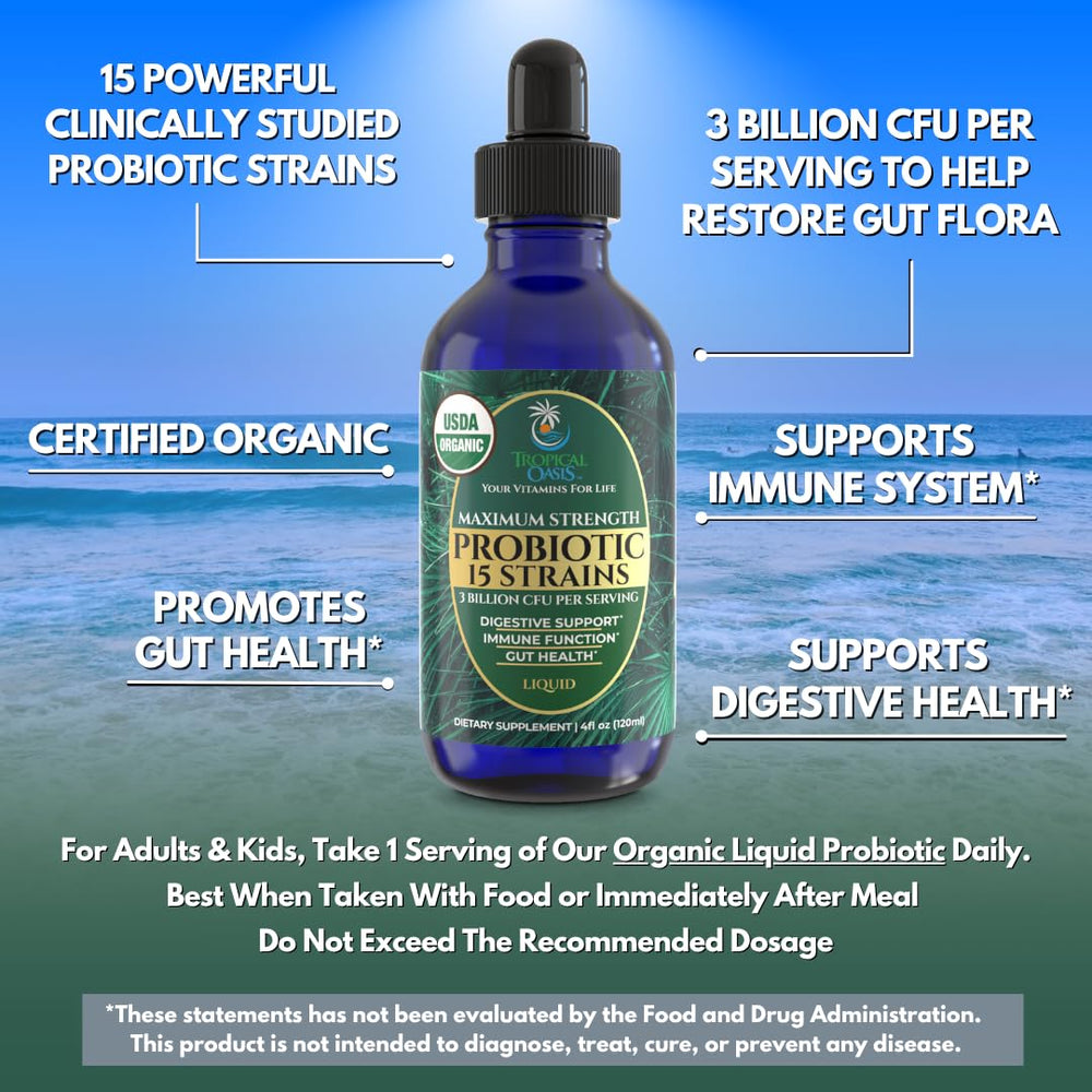 Tropical Oasis Organic label on probiotic bottle highlighting vegan and non-GMO