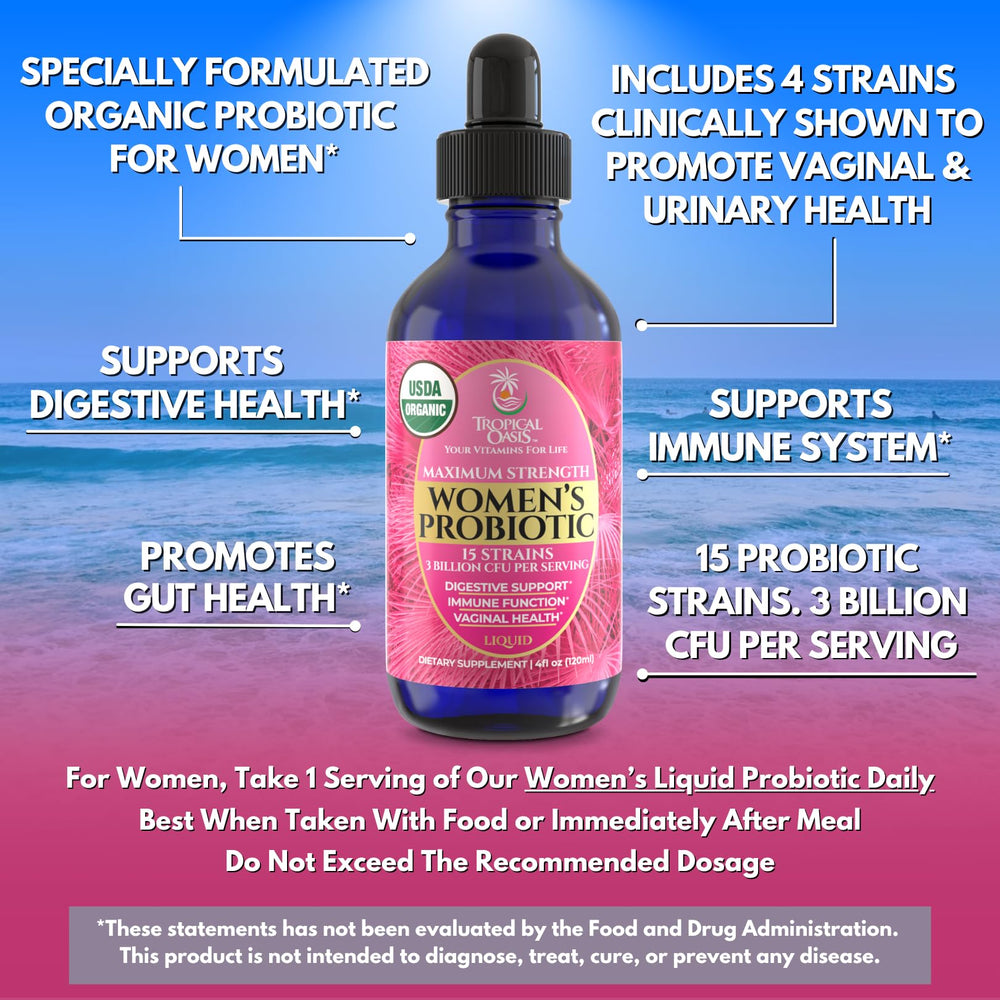 Tropical Oasis organic probiotic label highlights 15 strains