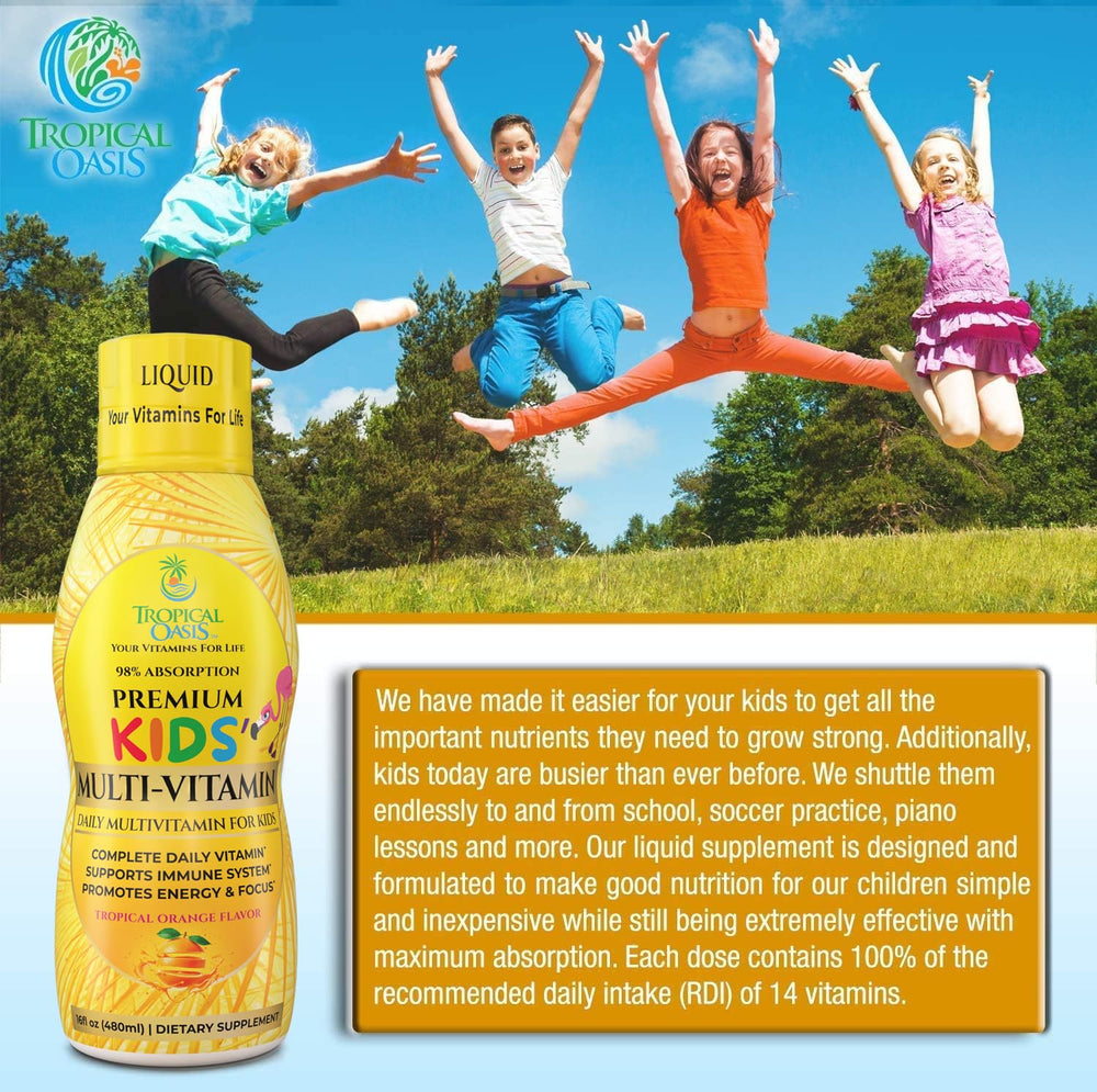 Tropical Oasis 14 essential vitamins delivered in one kid-friendly liquid.