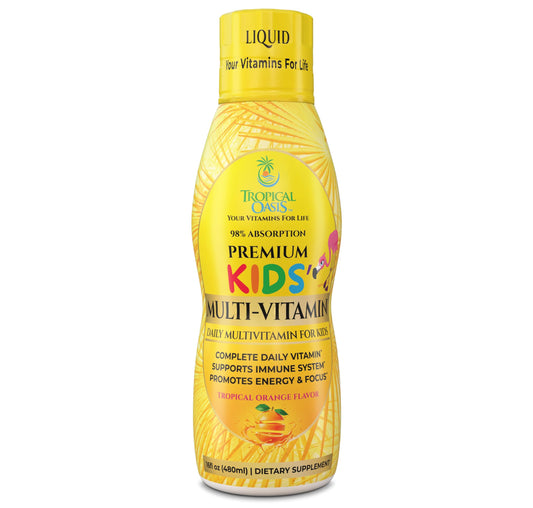 Tropical Oasis premium liquid multivitamin for kids bottle pour supports daily nutrient intake reliably.