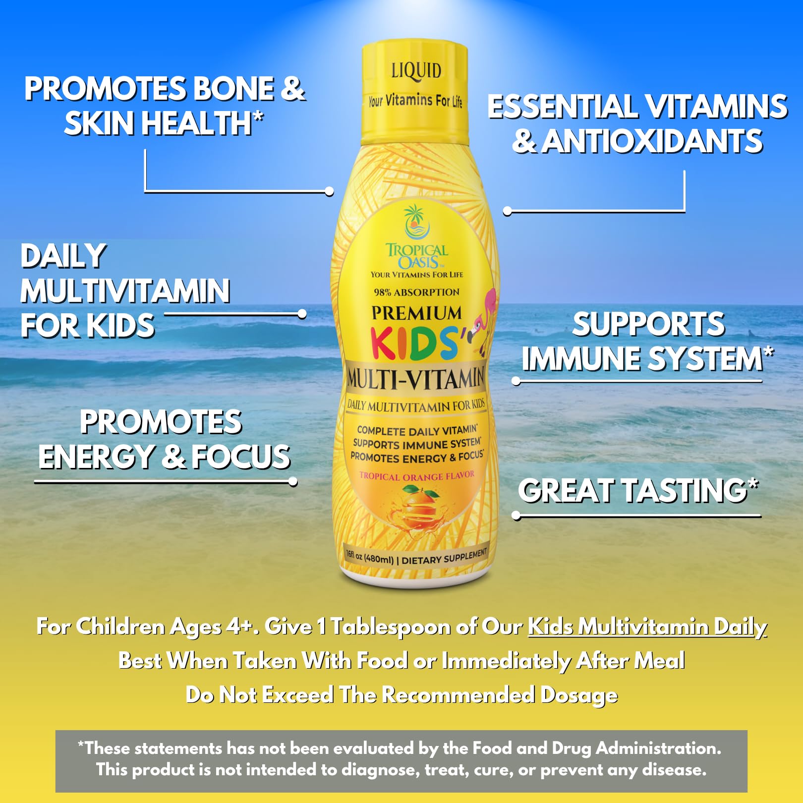 Tropical Oasis premium liquid multivitamin for kids dosing bottle shows simple measurement.