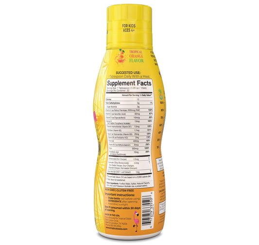 Tropical Oasis premium liquid multivitamin for kids pour highlights easy daily dose.