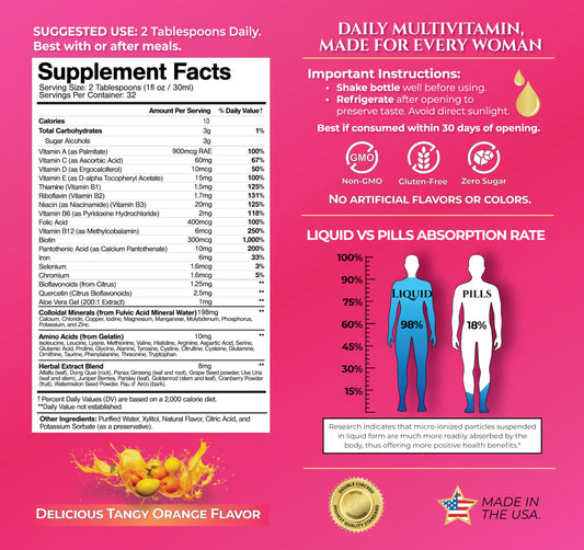 Tropical Oasis Premium Liquid Multivitamin bottle close-up highlighting the label