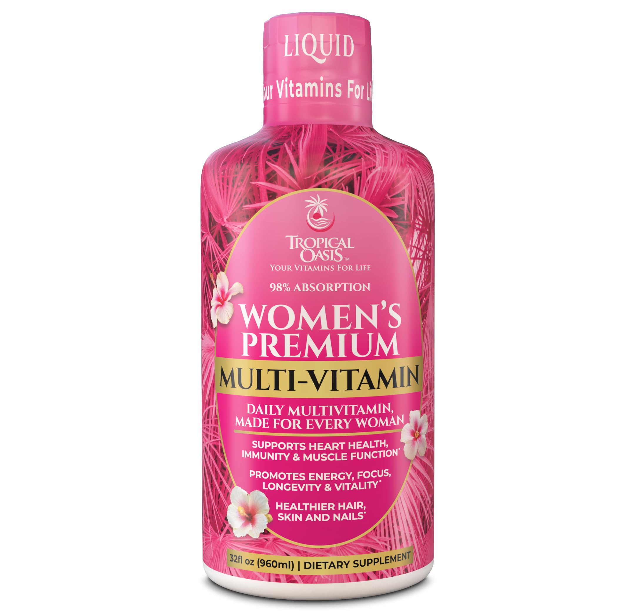 Tropical Oasis Premium Liquid Multivitamin bottle for women, supporting daily wellness