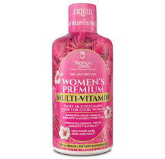 Tropical Oasis Premium Liquid Multivitamin bottle for women, supporting daily wellness
