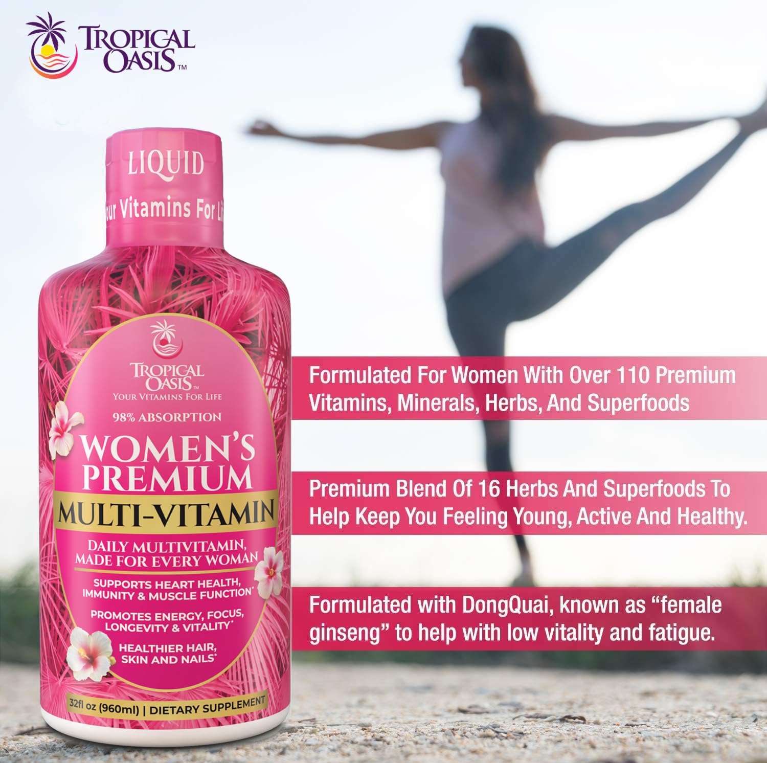 Tropical Oasis Premium Liquid Multivitamin label close-up shows ingredients and non-GMO claim