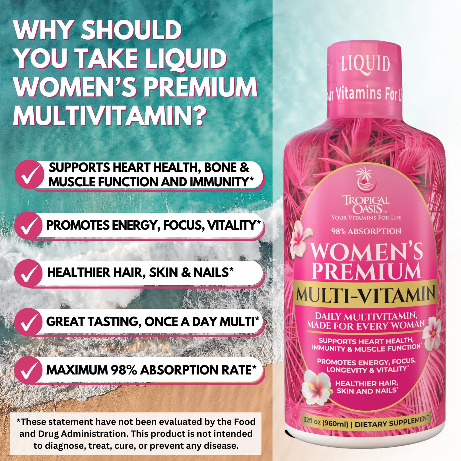 Tropical Oasis Premium Liquid Multivitamin packaging visible for a sugar-free option