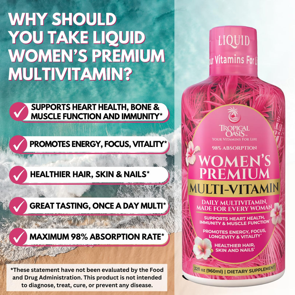 Tropical Oasis Premium Liquid Multivitamin packaging visible for a sugar-free option
