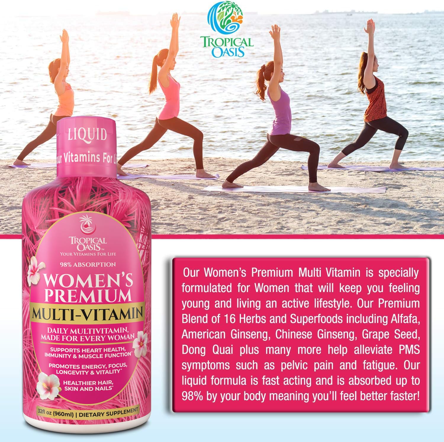 Tropical Oasis Premium Liquid Multivitamin being poured for easy daily use