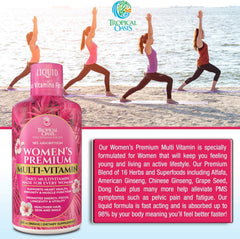Tropical Oasis Premium Liquid Multivitamin being poured for easy daily use