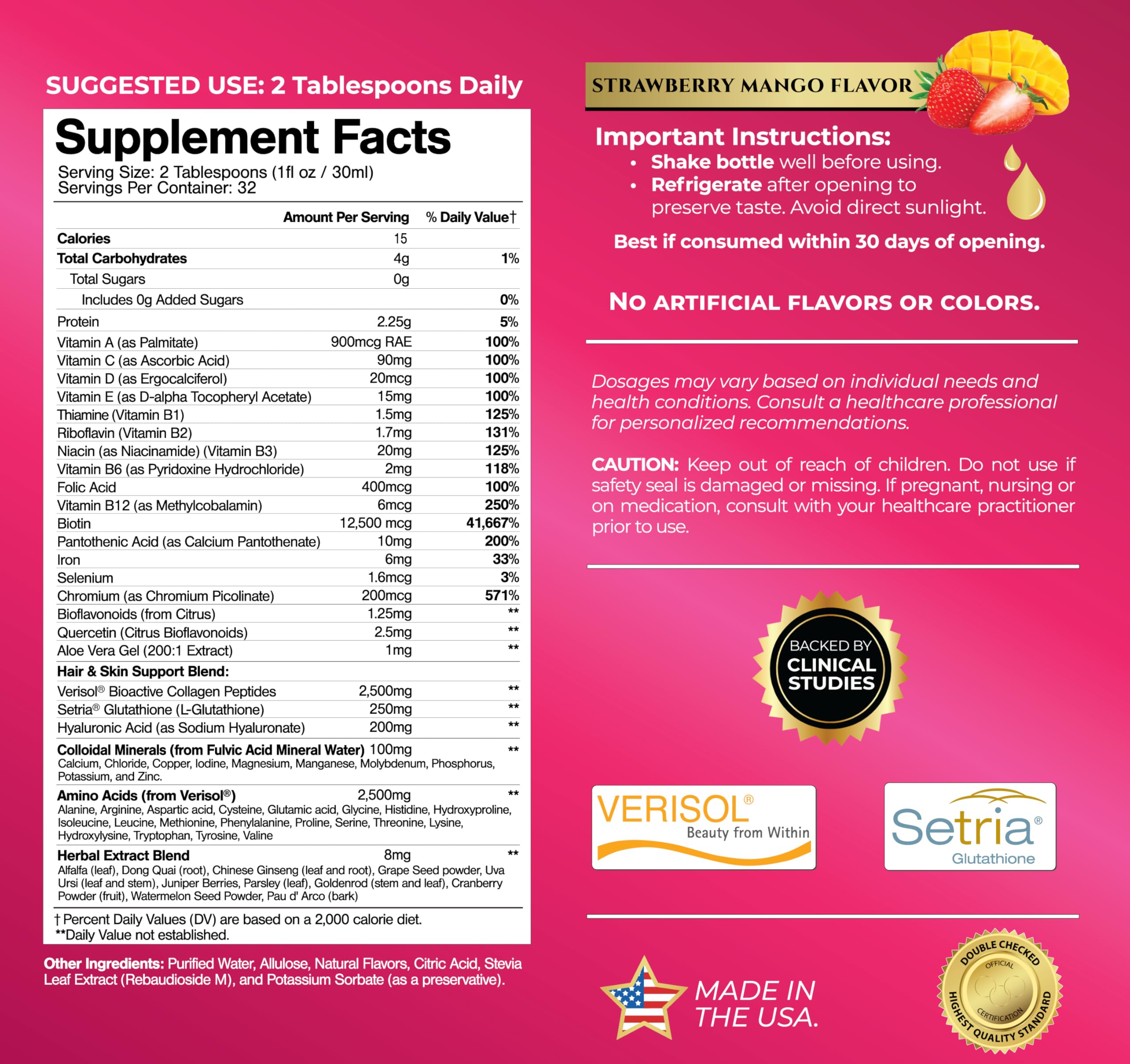 Tropical Oasis bottle label close-up highlighting VERISOL collagen and skin-supporting ingredients.