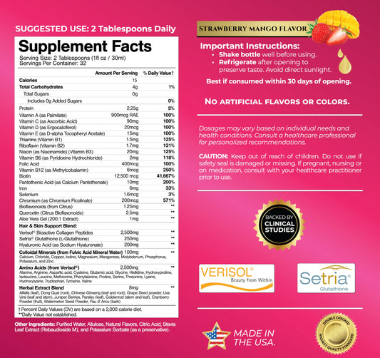 Tropical Oasis bottle label close-up highlighting VERISOL collagen and skin-supporting ingredients.