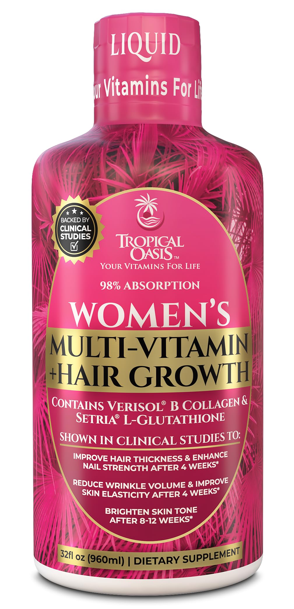 Tropical Oasis Women's Liquid Multivitamin bottle pour supports daily hair and skin health.