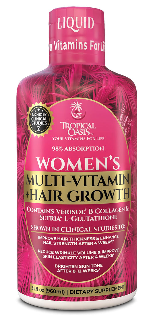 Tropical Oasis Women's Liquid Multivitamin bottle pour supports daily hair and skin health.
