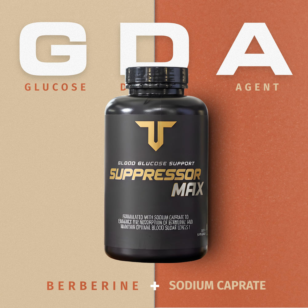 Troponin Nutrition Suppressor Max GDA beside glass for easy daily intake.