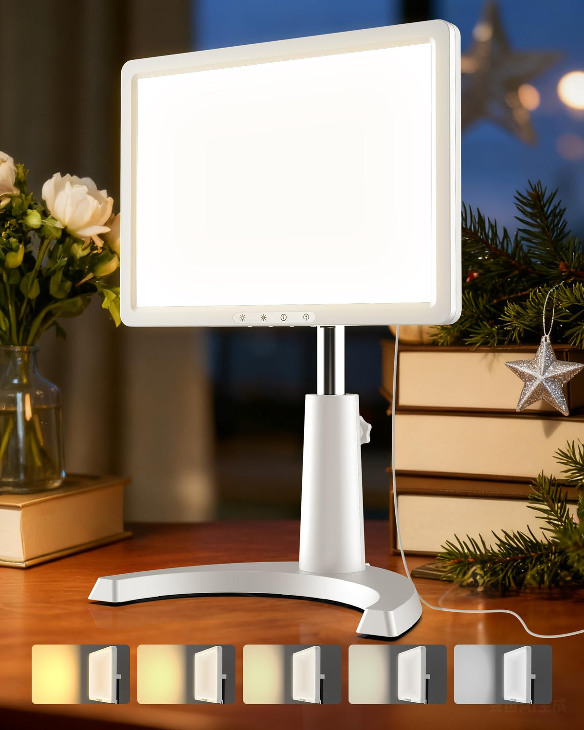 TroupePal light therapy lamp showing 12000 lux full spectrum for mood and focus